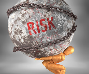Risk and hardship in life - pictured by word Risk as a heavy weight on shoulders to symbolize Risk as a burden, 3d illustration