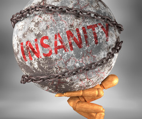 Insanity and hardship in life - pictured by word Insanity as a heavy weight on shoulders to symbolize Insanity as a burden, 3d illustration