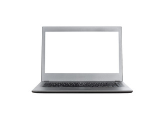 laptop computer blank white screen open front display isolated on white background with clipping path mockup black and grey color.