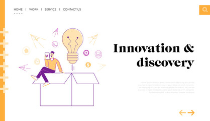 Leaving of Mind Limits, Dreaming, Start Up Landing Page Template. Tiny Male Character with Tablet Sit on Huge Box with Light Bulb and Paper Airplanes Flying Out of Package. Linear Vector Illustration