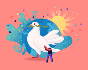 International Day of Peace, Worldwide Antiwar Campaign, Humanity Concept. Tiny Male Character Stand at Earth Globe with Sun Shine and Huge Dove Carrying Leaf Branch. Cartoon People Vector Illustration