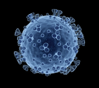 3D rendering of the coronavirus on a microscopic level isolated on black background. Microscope close-up of the covid-19 disease. 2019-nCoV virus