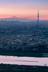 Tokyo skyline during twilight hours and the view of Mount Fuji