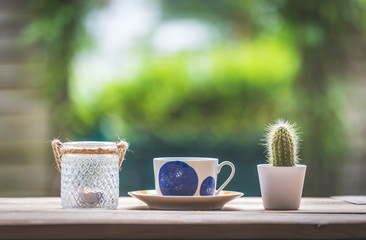 Garden enjoyment concept. Cup of tea, candle and plants on a rustic wooden table, leisure home