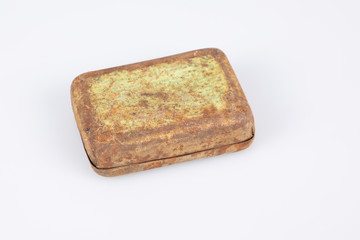 old closed and rusty old metal box vintage golden steel metalic isolated on white background