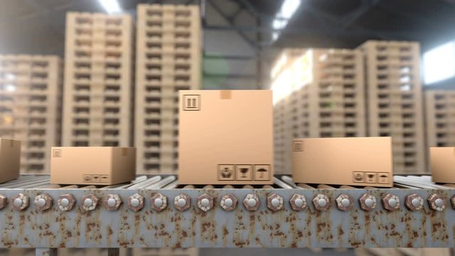 Different size cardboard boxes transporting on conveyor belt. Production line in logistic warehouse where are stored delivery parcels, paper and carton boxes, containers and other packaging, 3d loop