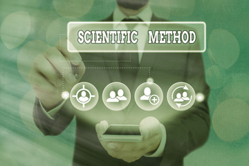 Text sign showing Scientific Method. Business photo showcasing Principles Procedures for the logical hunt of knowledge