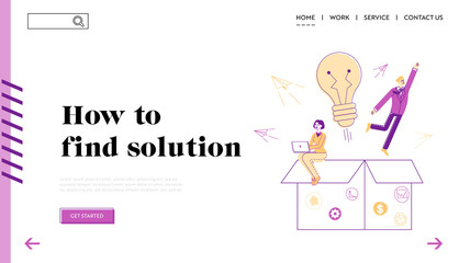 Think Outside Box Landing Page Template. Businessman Launch to Sky. Startup Business Concept. Innovative Creative Ideas. Businesspeople Characters Work on Start Up. Linear People Vector Illustration