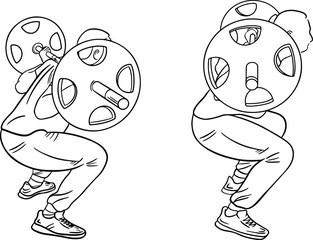 the athlete performs the exercise back squats with a barbell on the shoulders in a minimalistic line style, gym, decor for sports magazine, guide, instructions, banner, poster, poster, uniform, bag