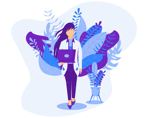 Work in home design concepts. A freelance woman works in front of a laptop at her home. Vector illustration of isolated on a white background. Online study, education.