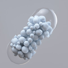 Close-up open capsule or pill antibioic painkiller with many spheres medicine inside. Health medical concept. 3d render