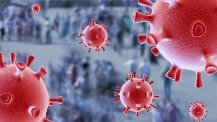 Timelapse of a large crowd of people moving fast with cells of coronavirus in air. Covid-19 concept. - Powered by Adobe