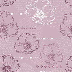 Vector Ink flower pattern. White floral background. Pink outline hand drawing flower pattern. 
Doodles elements with flowers.