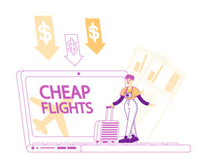 Cheap Flight, Travel Budget Concept. Tiny Female Character with Baggage Stand at Huge Laptop with Low Cost Tickets Offer for Airplane Traveling. Discount Airline Offer. Linear Vector Illustration