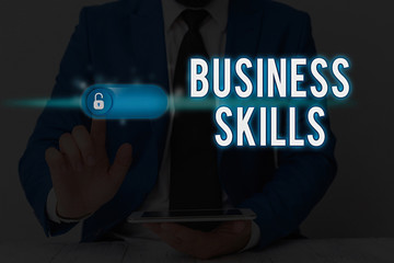 Writing note showing Business Skills. Business concept for An ability to acquire systematic effort...