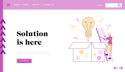 Leaving of Mind Limits, Dreaming, Start Up. Landing Page Template. Tiny Female Character Climbing on Huge Box with Glowing Light Bulb and Paper Airplanes Flying Out of Pack. Linear Vector Illustration