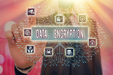 Writing note showing Data Encryption. Business concept for Symmetrickey algorithm for the...
