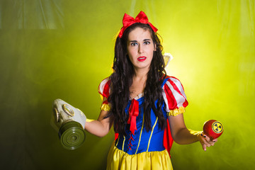 Woman holding hazardous radioactive apple. Nuclear and radiation measurement concept.
