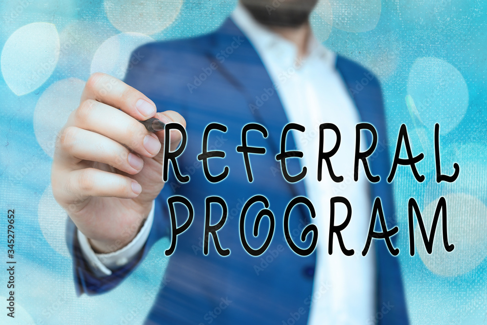 Poster handwriting text referral program. conceptual photo sending own patient to another physician for tre