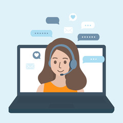 Smiling operator woman working and wearing headset on laptop screen. Online customer support, call center and consulting service concept. Flat vector illustration on blue background.