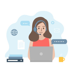 Woman studying, working with laptop at home office, connecting online network during Coronavirus outbreak. Remote working, communication and business concept. Flat style vector illustration