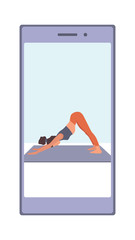 A girl trainer is doing yoga and stretching in a mobile phone application. Vector flat illustration of fitness workout, sports activity, the gym at home by the application or online platform, program