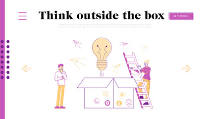 Thinking Outside, Innovations Landing Page Template.Male Character Stand front of Huge Open Carton Box Watching on Paper Airplanes Flying Outside. Woman Climbing by Ladder. Linear Vector Illustration