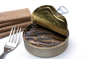 open canned with sprots and crispy breads on a white isolated background