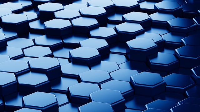 Abstract blue hexagonal sci-fi honeycomb geometrical background. 3d rendering © B@rmaley