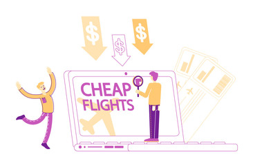 Cheap Flight, Economy Travel, Tourism, Special Offer, Low Cost Airline Discounter. Tiny Male Characters Buying Airplane Tickets Online in Internet Analysing Prices. Linear People Vector Illustration