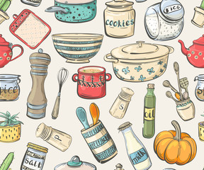 Seamless pattern with cooking utensils, dishes and food
