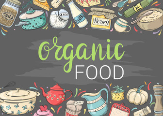 Organic food. Horizontal banner with kitchenware and food
