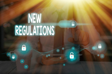 Text sign showing New Regulations. Business photo text Regulation controlling the activity usually...