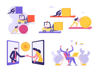 Set of Male and Female Business People Corporate Competition, Challenge. Characters Pushing Huge Geometric Shapes. Handshake on Mobile Screen Isolated on White Background. Cartoon Vector Illustration