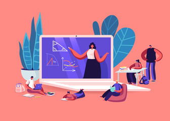Online School Education Concept. Kids Characters Quarantine Distant Studying . Children Sitting around of Huge Laptop with Teacher Explain Geometry Lesson on Screen. Cartoon People Vector Illustration