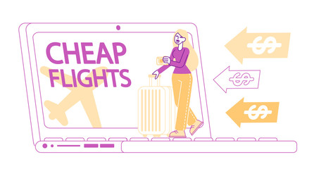 Discount Airline Offer, Cheap Flight, Travel Budget Concept. Tiny Female Character with Baggage Stand at Huge Laptop with Low Cost Tickets Offer for Airplane Traveling. Linear Vector Illustration