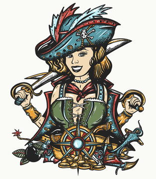 Pirate girl. Crime sailor woman portrait, pin up style. Old school tattoo art.  Marine adventure t-shirt design. Cartoon character. Sea wolf, female. Sabres, guns, gold coins, compass