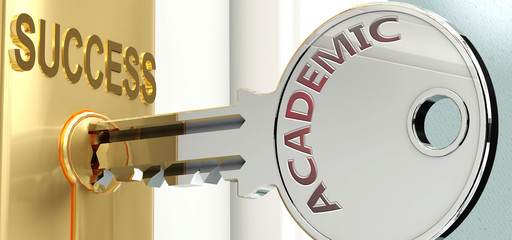 Academic and success - pictured as word Academic on a key, to symbolize that Academic helps achieving success and prosperity in life and business, 3d illustration