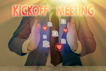 Text sign showing Kickoff Meeting. Business photo text Special discussion on the legalities...