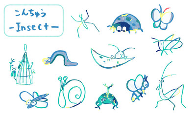 Obraz premium 筆で描いた手描きの昆虫たち、可愛い動物イラスト