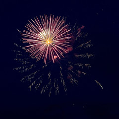 Bright fireworks in the dark sky. Festive concert.