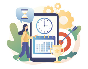 Self Discipline app and Motivation concept. Time management, self management, self control, target, productivity metaphors. Modern flat cartoon style. Vector illustration on white background