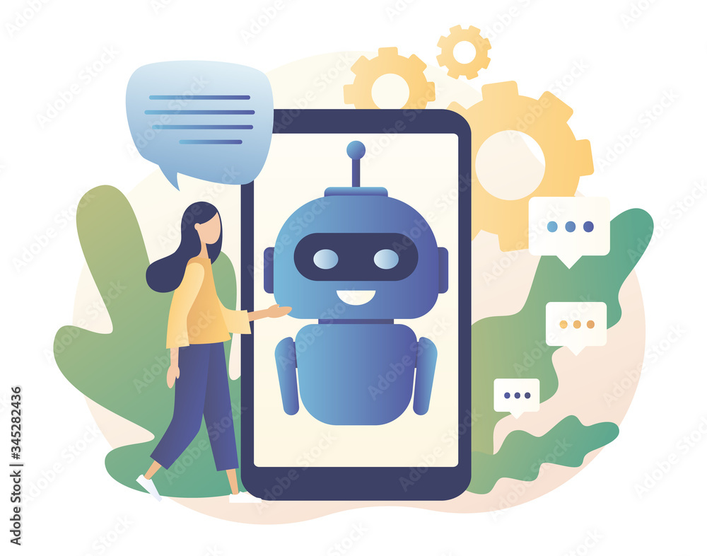 Poster chatbot. ai robot assistant, online customer support. tiny girl chatting with chatbot application. m