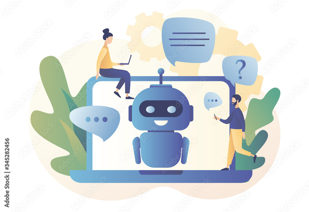 Fototapete chatbot. ai robot assistant, online customer support. tiny people chatting with chatbot in laptop. m