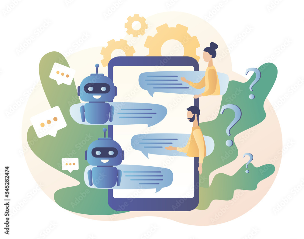 Poster chatbot. ai robot assistant, online customer support. tiny people chatting with chatbot application.