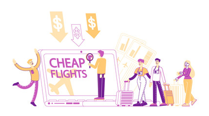 Cheap Flight and Saving Vacation Budget Concept. Male and Female Characters Buying Airplane Tickets Online Save Money for Holidays and Traveling. Tiny People with Luggage. Linear Vector Illustration