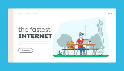 High-speed 5G Internet Landing Page Template. Young Man Character Sitting on Bench in Park with Laptop on Desk at Transmission Telecommunication Tower Communicating Online. Linear Vector Illustration