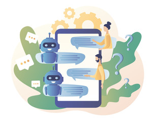 Chatbot. AI robot assistant, online customer support. Tiny people chatting with chatbot application. Modern flat cartoon style. Vector illustration on white background