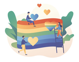 LGBT movement concept. Love is love. Love parade.  Tiny people with Rainbow coloured flag and hearts.Modern flat cartoon style. Vector illustration on white background