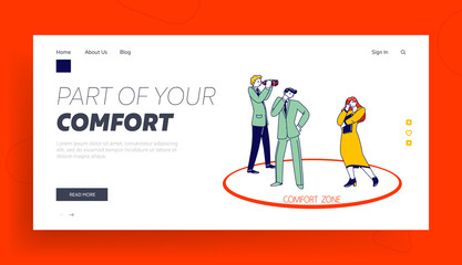 Obraz na płótnie Canvas Self Development, Career Growth, Alternative Thinking, Inspiration Landing Page Template. Business People Characters Stand inside of Red Circle Scary to Leave Comfort Zone. Linear Vector Illustration